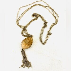 Gold Tone Triple Strand Drury Stone Pendent Tassel Necklace